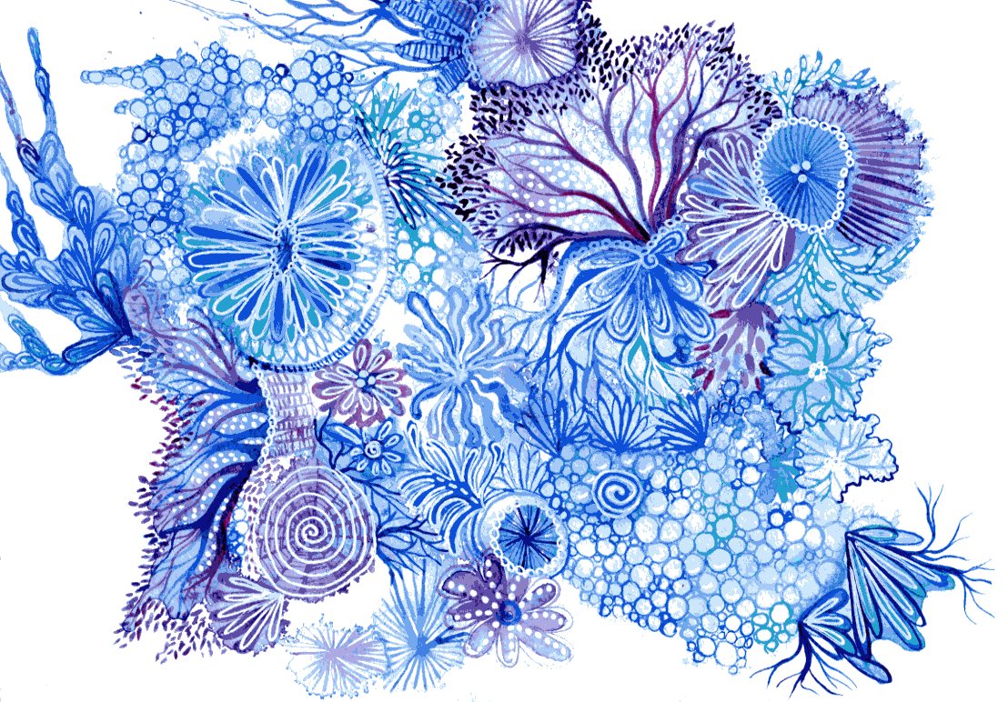 Blue Reef - Intuitive abstract watercolour painting inspired by coral reefs in blue and purple by Kirsten Bailey