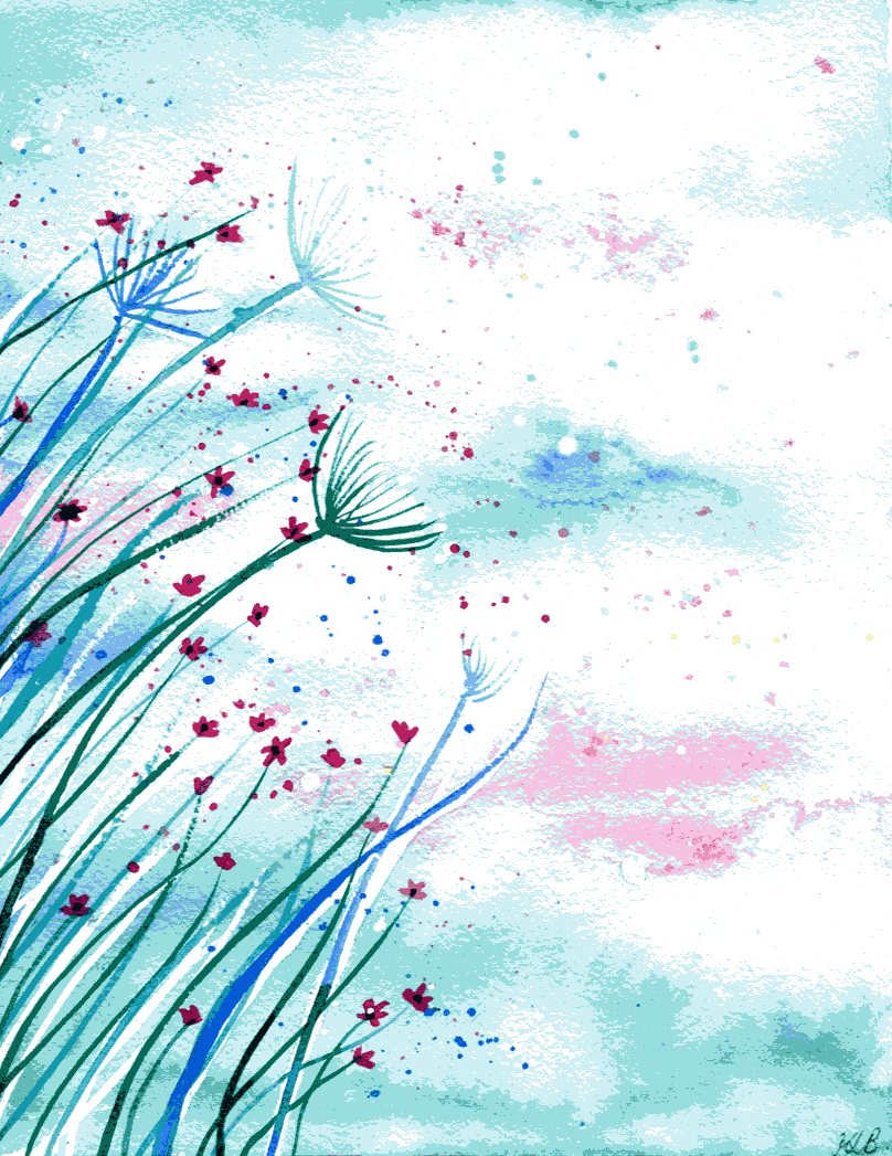 Bright Breeze - Whimsical blue, green and pink wildflowers painted in watercolour on watercolour paper