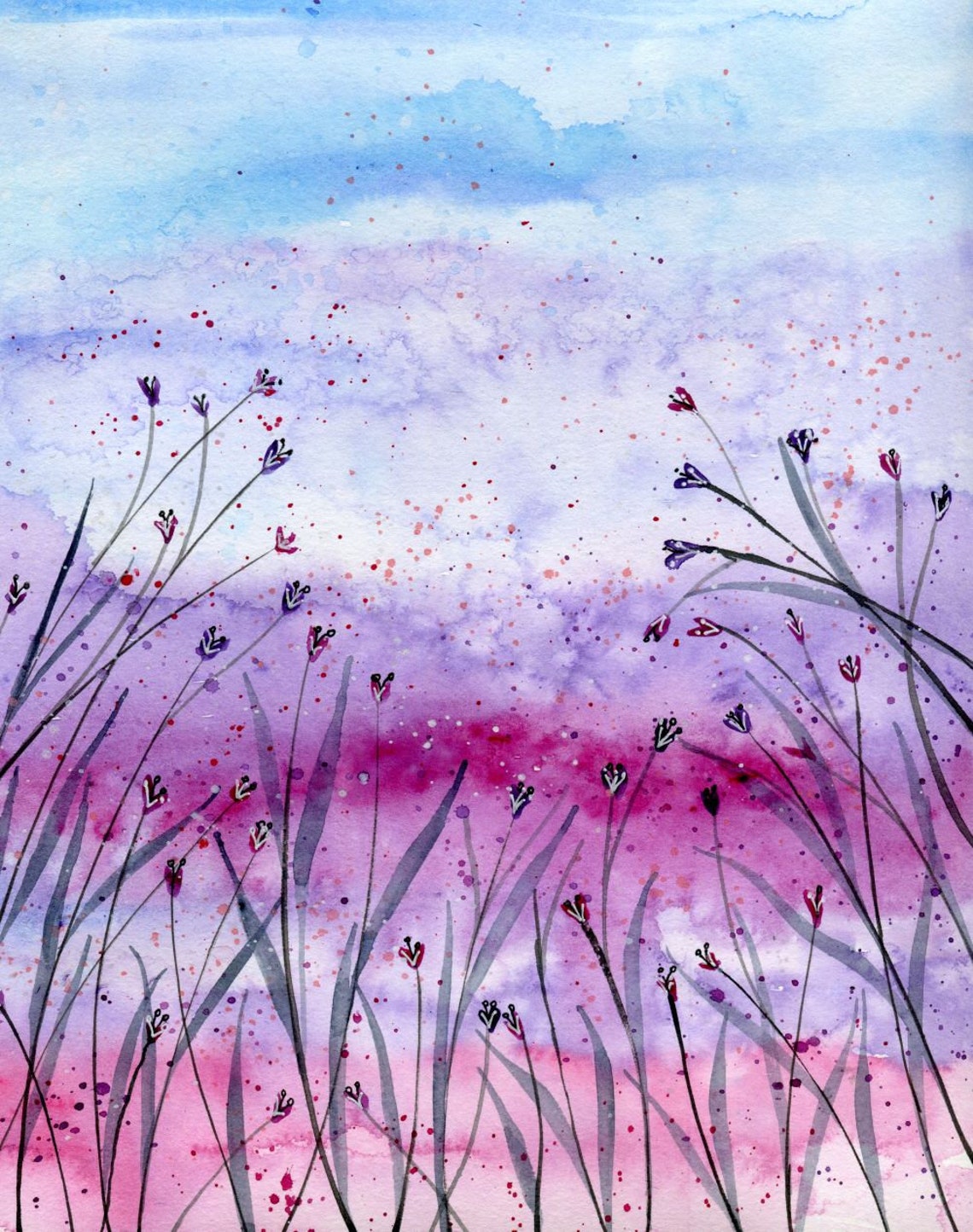 Sweet morning - watercolour painting of a field of purple flowers by KLBailey Art