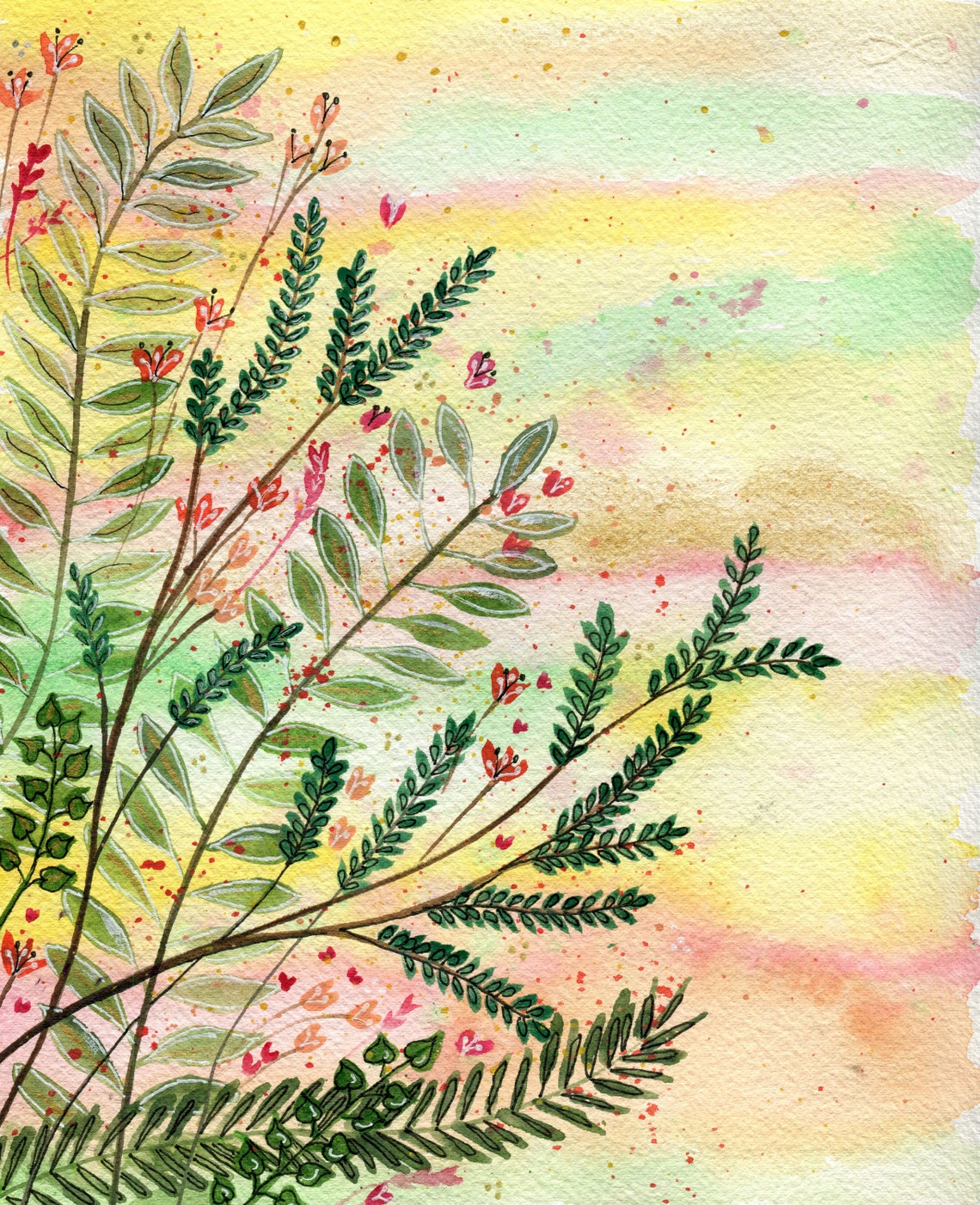 Reaching for the sun - original watercolour painting of whimsical flowers and leaves on a yellow sky