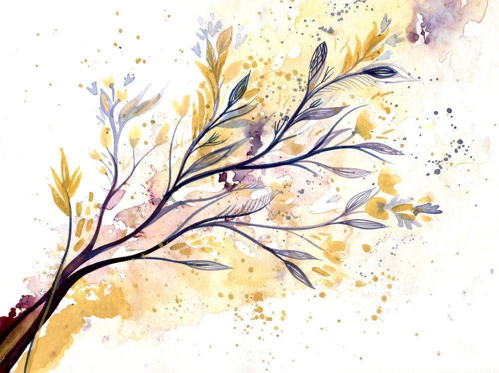 Memories of spring - watercolour painting of gold and purple flowers by Kirsten Bailey