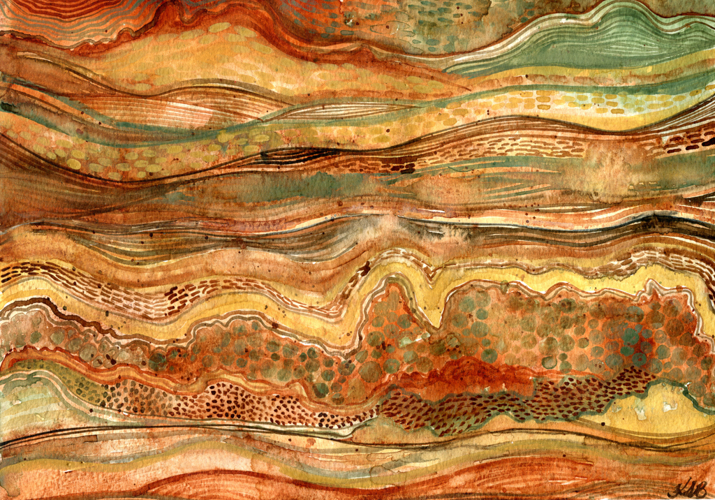 'Subterranean 2' - Abstract watercolour painting inspired by sedimentary rock and soil layers by Kirsten Bailey