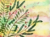 Reaching for the sun - original watercolour painting of whimsical flowers and leaves on a yellow sky