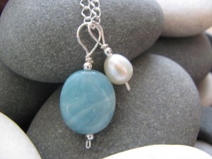 Sterling silver necklace with interchangeable pearl and amazonite pendants by Emily Wiser Jewellery
