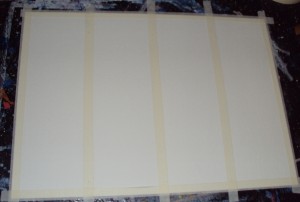 Four Seasons in One Day painting - Work in Progress Step One: Painting taped down and ready to go. I've also used tape to separate the four panels (as opposed to wrecking another brush with masking fluid).