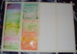 Four Seasons in One Day painting - Work in Progress Step Three: Summer is orange, yellow and green. You can see the paint was still wet when I took this photo.