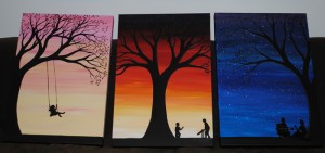 Three paintings featuring a tree and family at sunrise, dusk and nighttime by KL Bailey Art