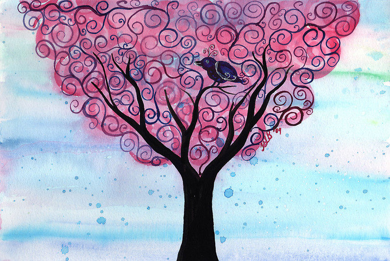 Hope is the thing with feathers - original watercolour painting of a bird in a swirly tree by KL Bailey Art