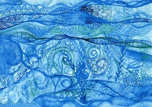 Blue watercolour ocean painting by KL Bailey Art