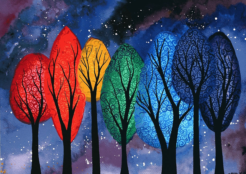 Night Colour - original watercolour painting of swirly rainbow trees by KL Bailey Art