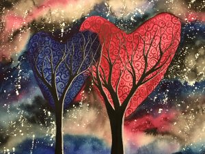 Night Romance - original watercolour painting of two heart trees by KL Bailey Art