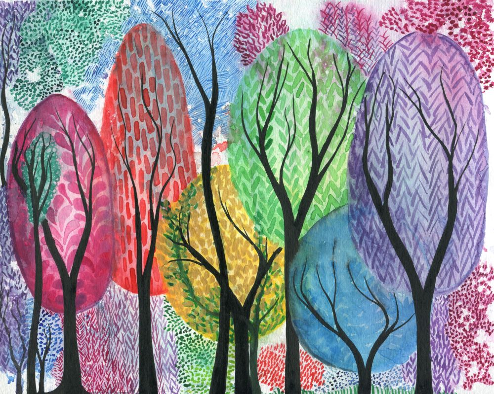 Bright rainbow coloured trees watercolour painting by Kirsten Bailey