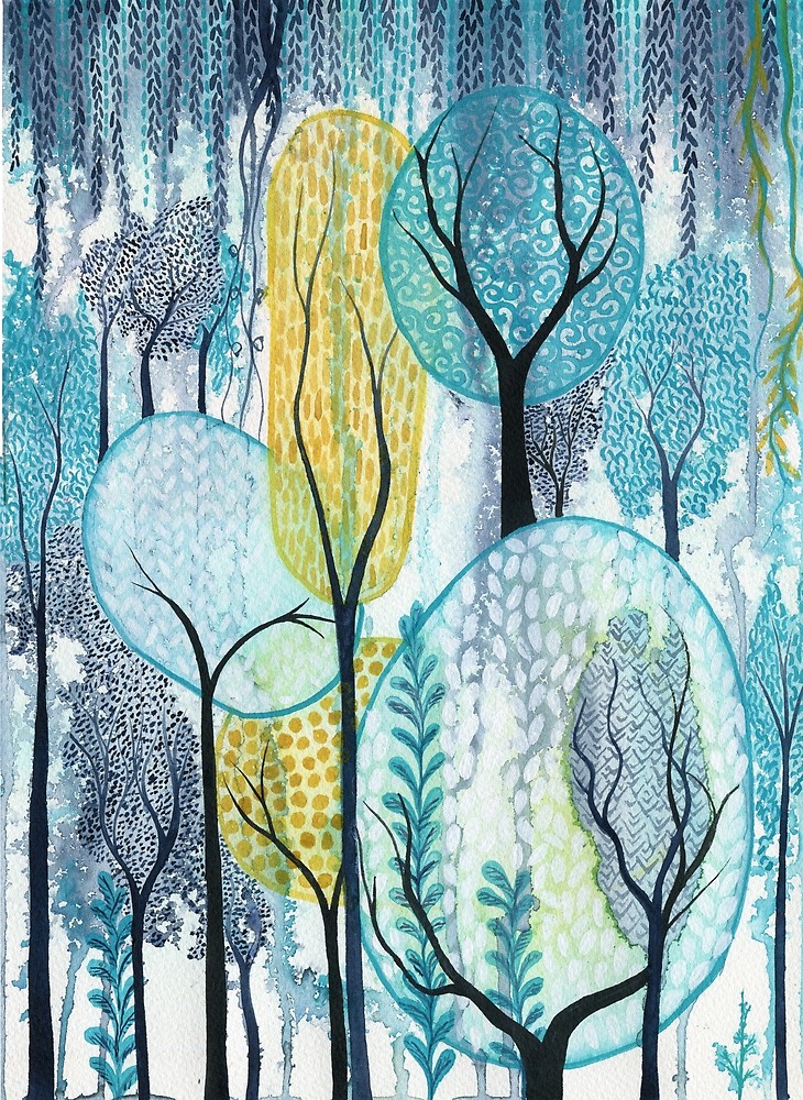 Cascading - painting of turquoise and yellow trees in a whimsical style
