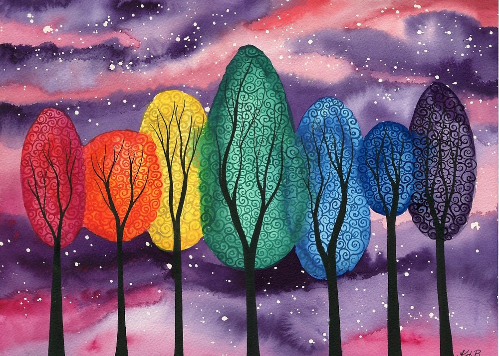 7 trees in rainbow colours on a purple starry sky background