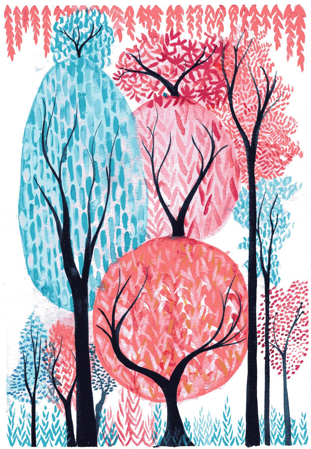 Watercolour painting of coral and turquoise trees by Kirsten Bailey