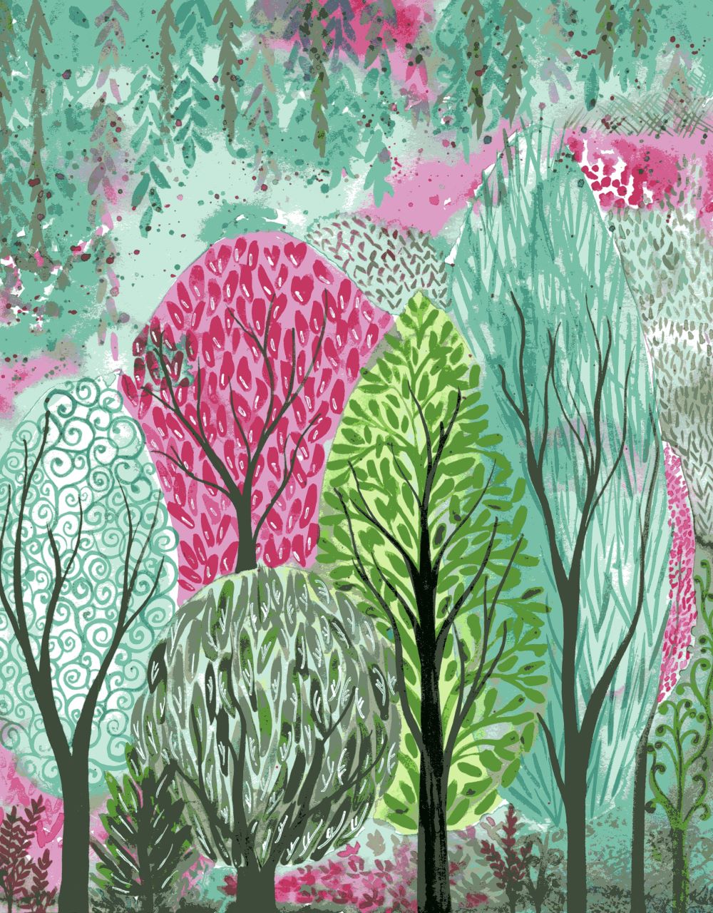 Bright green and pink trees watercolour painting by Kirsten Bailey