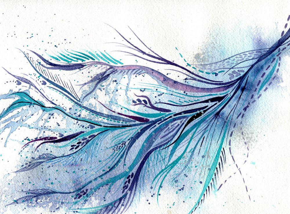 Learning to fly - intuitive abstract watercolour painting in purple and teal by Kirsten Bailey