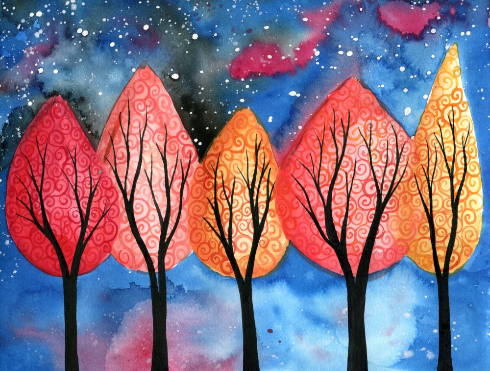 Night fire - Five orange and red swirly trees on a starry night sky background - Original art by Kirsten Bailey