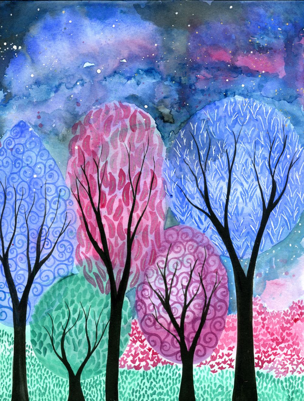 Watercolour painting of colourful trees by Kirsten Bailey
