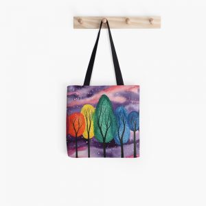 Cushion and tote bag featuring "Rainbow on a purple sky"