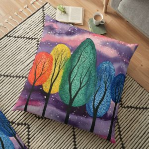 Floor pillow printed with "rainbow on a purple sky"