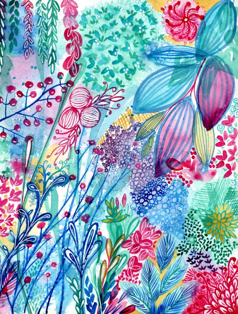 Vibrant garden - bright intuitive watercolour painting by Kirsten Bailey