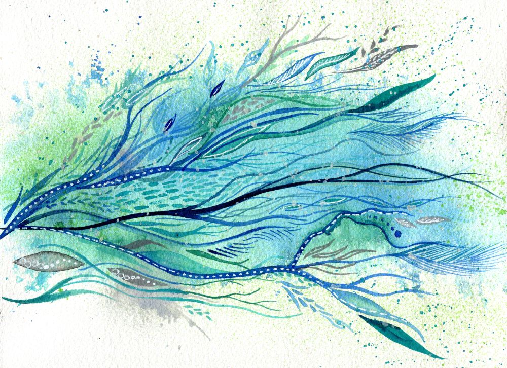 Windrunner - intuitive abstract watercolour painting in blue and green by Kirsten Bailey