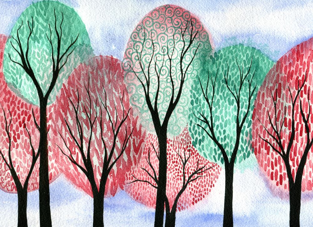 Autumn Tempus - Whimsical watercolour painting of swirly autumn trees in red and greenn