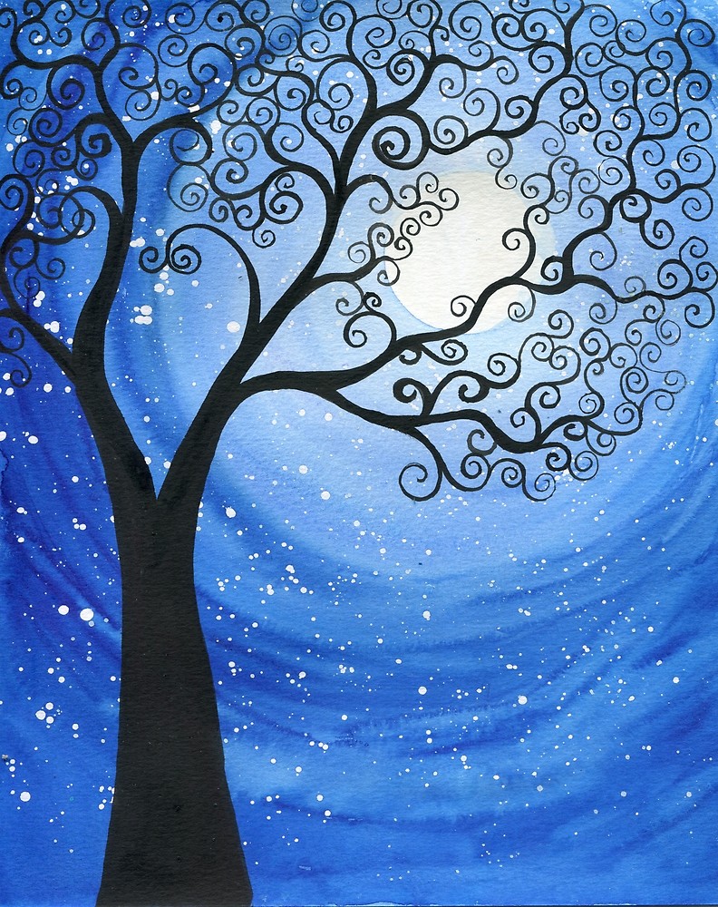 Moonlit tree - original watercolour painting of a swirly black tree silhouette against a starry blue moonlit sky