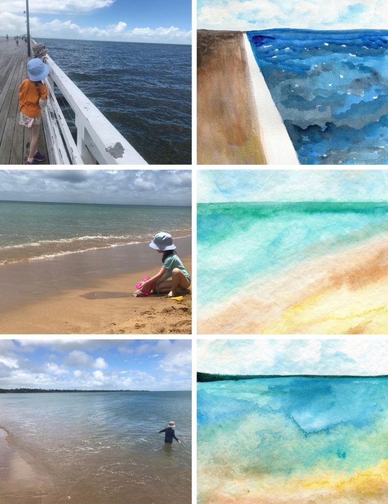 By the bay - a collage of photographs and abstract watercolour paintings of children walking along a pier and playing on the beach