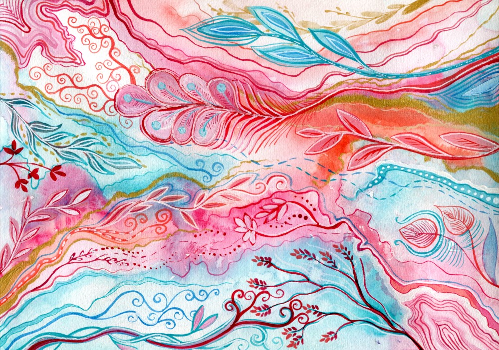 Introspection - intuitive art watercolour painting in pink, coral, turquoise and gold