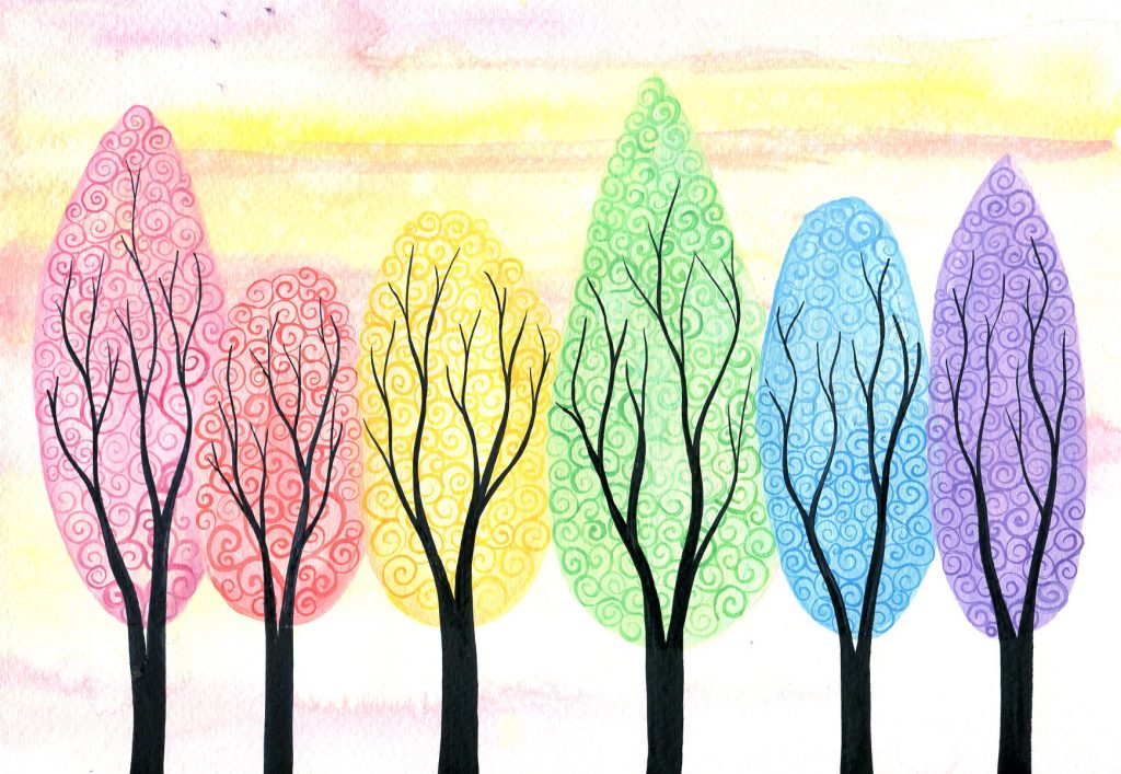Rainbow in soft light - watercolour painting of swirly pastel rainbow trees by Kirsten Bailey
