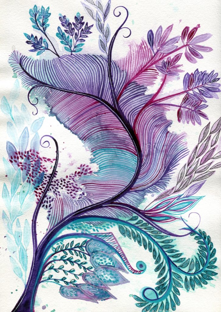 Plumage - Intuitive abstract watercolour painting of feathers and leaves in purple and turquoise