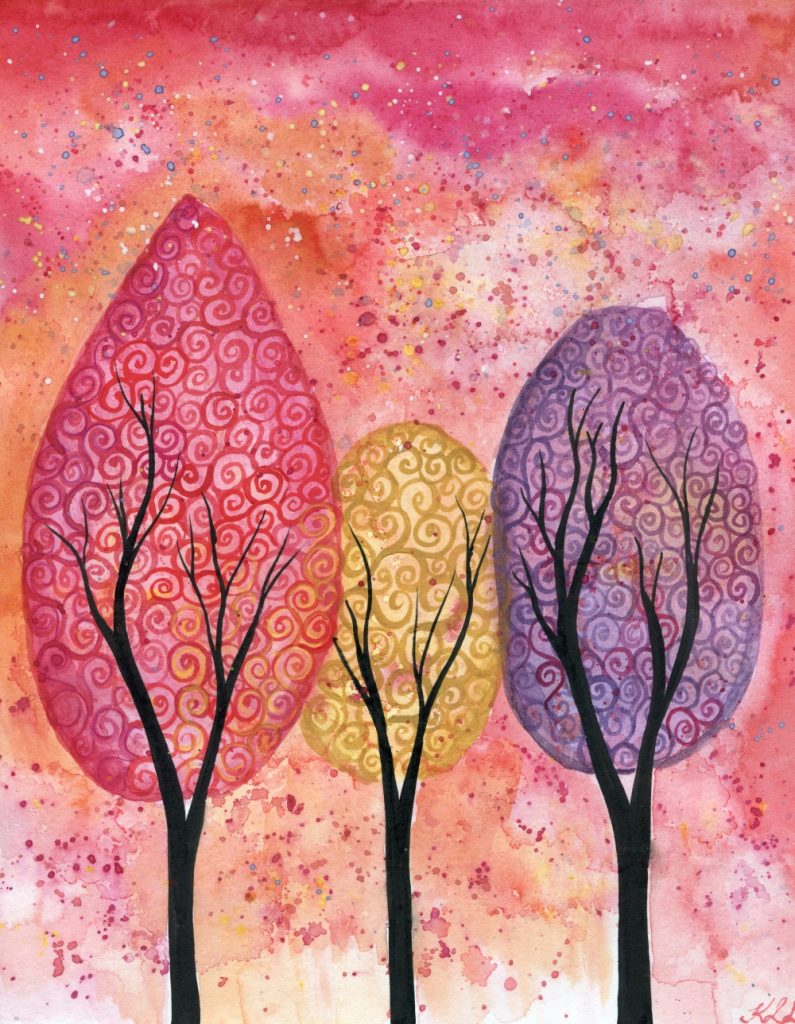 In the firelight - colourful watercolour swirly trees against a sky of fire