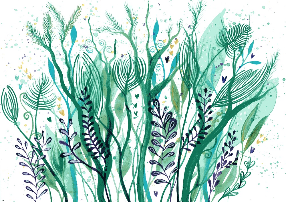 "Sea Garden" - intuitive abstract watercolour painting in green resembling water plants or seaweed