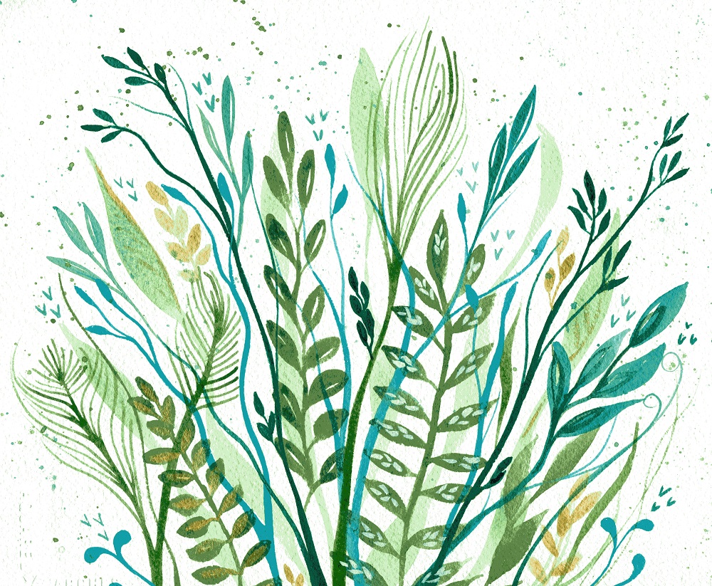"Sea Garden 3" - intuitive abstract watercolour painting in green representing water plants