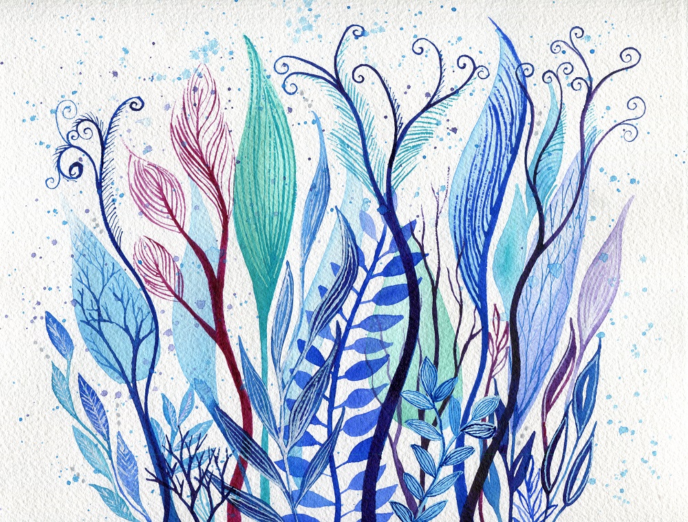 "Sea Garden 4" - Original watercolour painting on paper in blue, purple and turquoise, in an intuitive abstract style representing water plants.