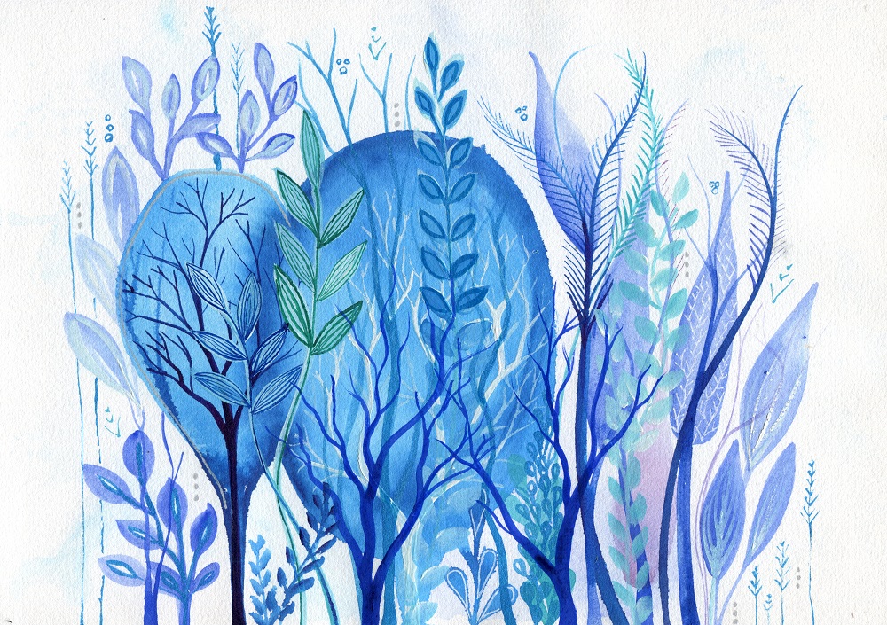 "Sea Garden 5" - Original intuitive abstract watercolour painting in blue representing underwater plants