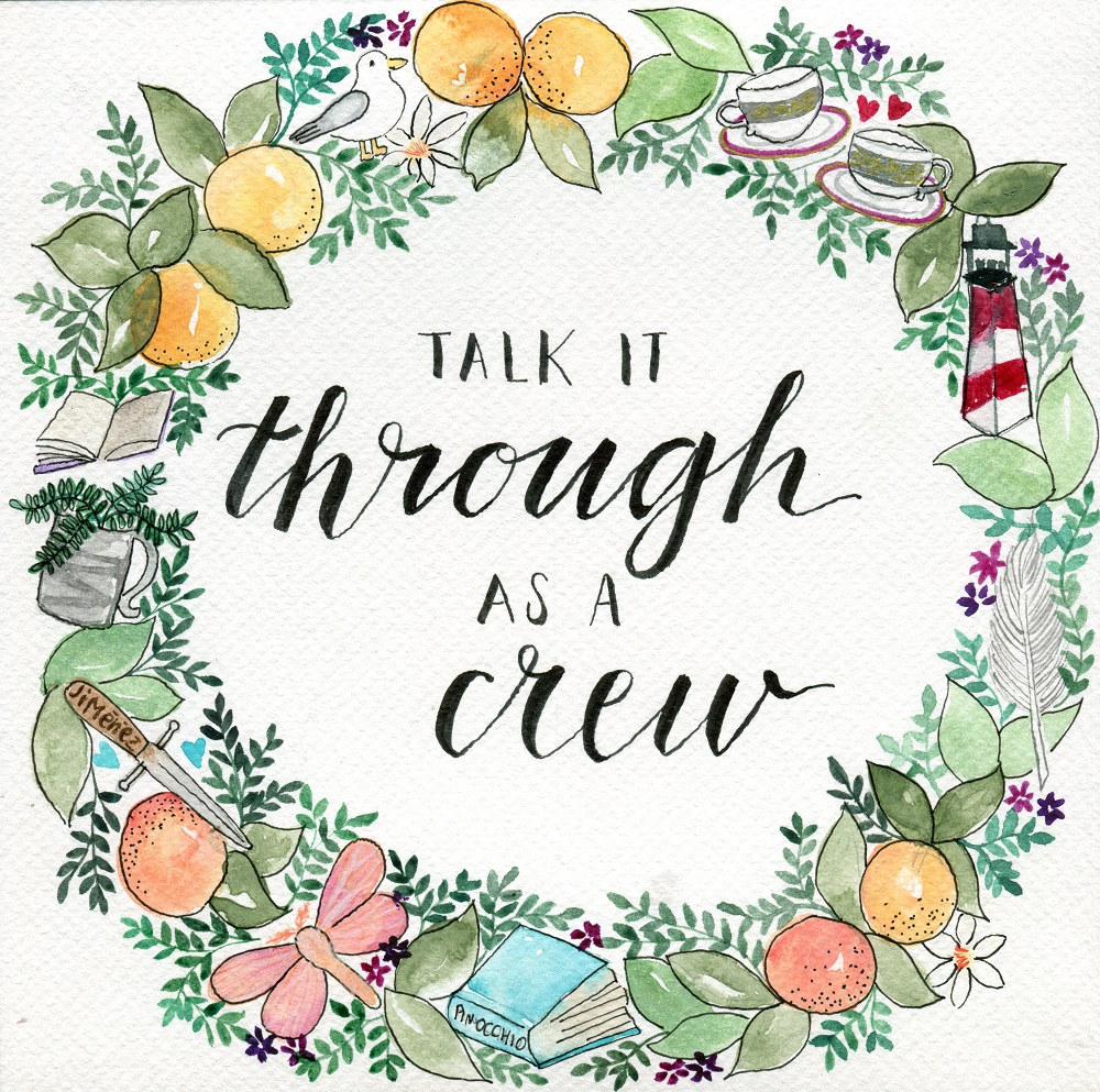 Watercolour wreath painting featuring leaves, flowers, oranges, a lighthouse, teacups, a dagger, a moth, books, a seagull, a quill and a plant, with a handwritten quote in the middle saying "Talk it through as a crew".