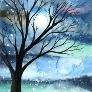 "Bright Night" - watercolou painting by KLBaileyArt of a leafless tree silhouetted against a starry moonlit sky