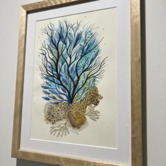 Intuitive abstract watercolour painting in iridescent blue and gold inspired by coral reefs