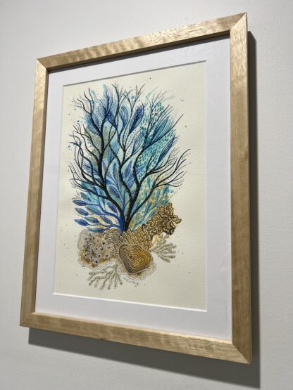 Intuitive abstract watercolour painting in iridescent blue and gold inspired by coral reefs