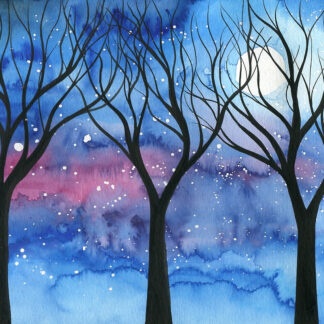 Moonlit trees 2 - original watercolour painting of trees silhouette on moonlit starry sky