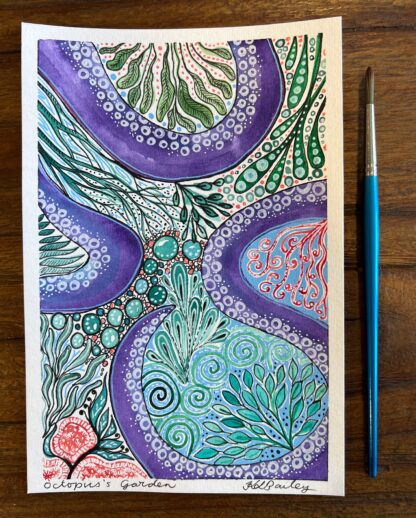 "Octopus's garden" - Intuitive abstract watercolour of a purple octopus arm and green underwater plants