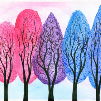 Watercolour painting of swirly trees in colours of the Bisexual pride flag