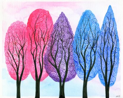Watercolour painting of swirly trees in colours of the Bisexual pride flag