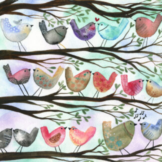 "Bird Crew" watercolour painting of whimsical birds inspired by the crew from Our Flag Means Death