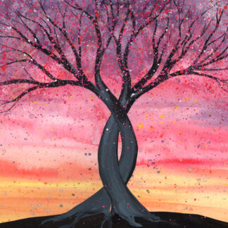 "Entwined" - silhouette of two entwined trees against a pink and orange sunset sky - watercolour painting by KLBaileyArt