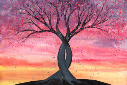 "Entwined" - silhouette of two entwined trees against a pink and orange sunset sky - watercolour painting by KLBaileyArt