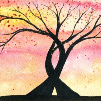 "Entwined Sunset" - Watercolour painting. Silhouette of two trees entwined together against a pink and yellow sunset sky.